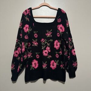 Cato Black Pink Floral Square Neck Long Sleeve Knit Sweater 14/16W Valentine
